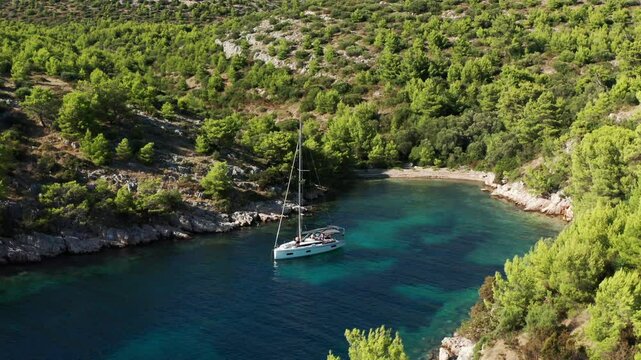Luxury Yacht Sailing On The Tranquil Ocean Of Uska Bay On The Island Lastovo, South Dalmatia, Croatia. Aerial Shot
