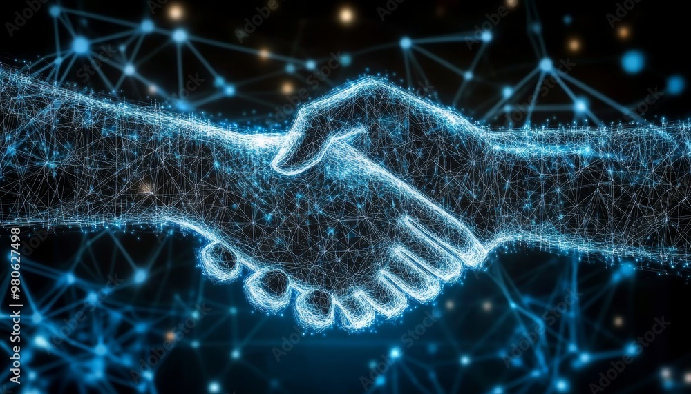 Poster digital handshake on blue technology background business partnership and data connection concept.
