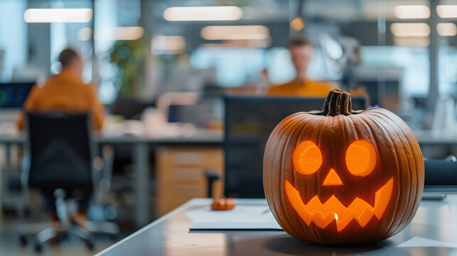 Halloween jack o lantern pumpkin on office table with colleagues meeting in background