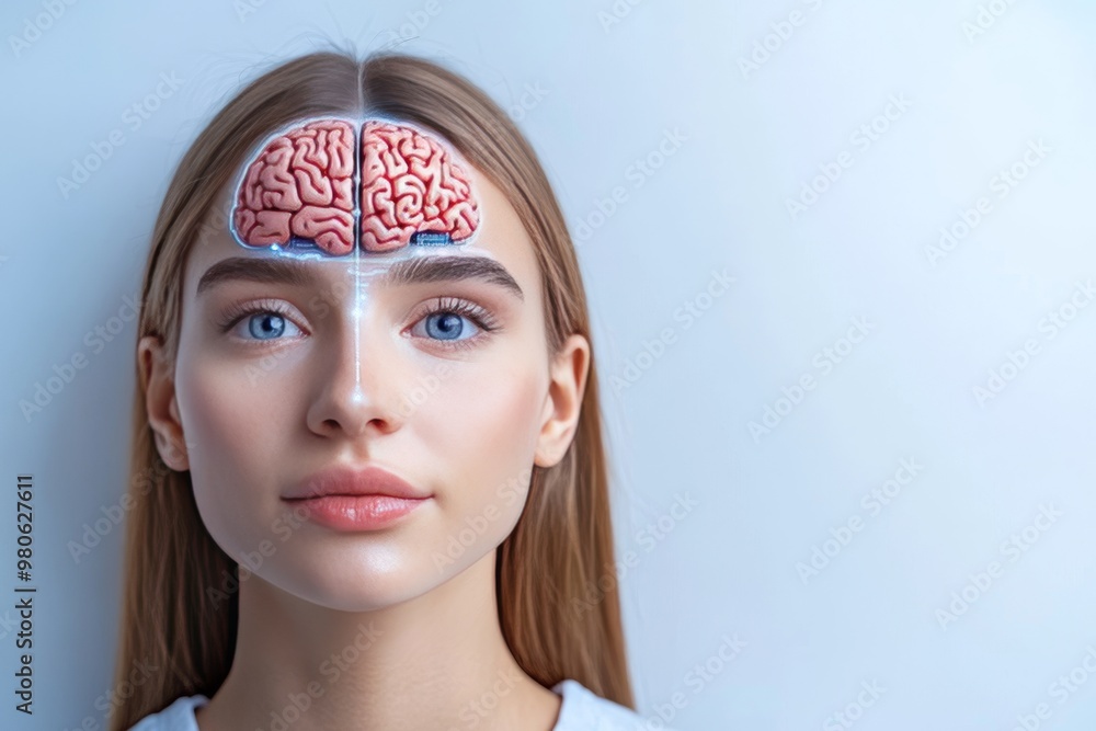 Aufkleber portrait of a woman with exposed brain circuitry highlighting the fusion of human intelligence and a