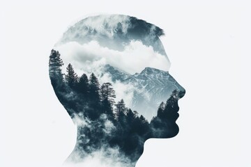 Double exposure of a head silhouette blended with a mountain peak and clouds, representing the connection between human thoughts and the natural landscape, evoking imagination and environmental awaren