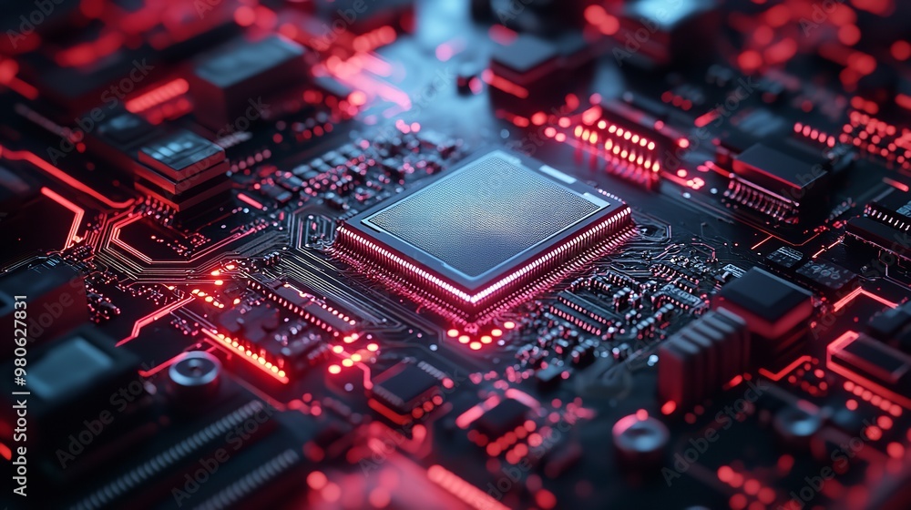 Poster 3d render of a chip with light effects on a blue background, in the digital and technological concep