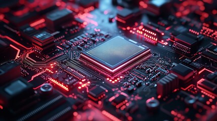 Obraz premium 3D render of a chip with light effects on a blue background, in the digital and technological concept