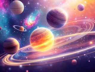 A stunning depiction of planets in a colorful cosmic landscape featuring galaxies, stars, and vibrant nebulas.