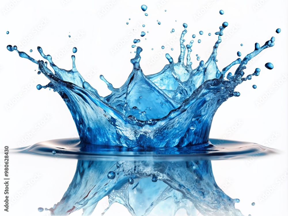 Poster sparkling blue water splash frozen in mid-air, isolated on a pure white background, creating a refre