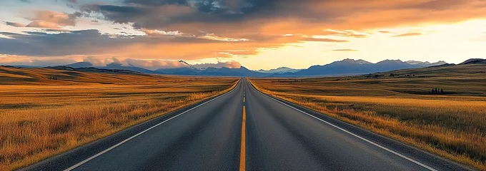 Fototapeten A long road in the middle of nowhere, with beautiful scenery on both sides and mountains visible at sunset.  © ma
