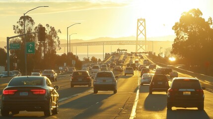 Sunset Drive on a Busy Highway with Bay Bridge