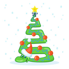 Funny snake in Santa hat - symbol of Chinese New Year in the form of a New Year tree. Greeting cartoon card 2025. Isolated on white background. Vector illustration.