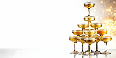3D Glossy Champagne Tower Icon on White Background - Elegant New Year 2025 Concept with Sparkling Bubbles and Reflections