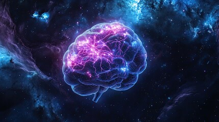 "Neon Brain Connections in Cosmic Space Background"