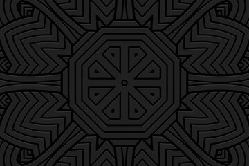 Black background, tribal cover design, banner. Geometric exotic 3D pattern, embossing. Ethnic ornaments, arabesques, mandala of the East, Asia, India, Mexico, Aztec, Peru in handmade style.
