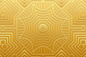 Gold metallic background, tribal cover design, banner. Geometric 3D pattern, embossing. Ethnic ornaments, arabesques, mandala of the East, Asia, India, Mexico, Aztec, Peru in handmade style.