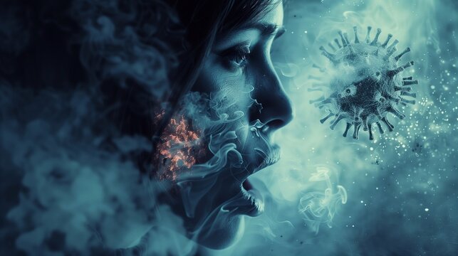 The focus is on a woman exhaling in dense mist, symbolizing the serious health implications of diphtheria in a dramatic setting