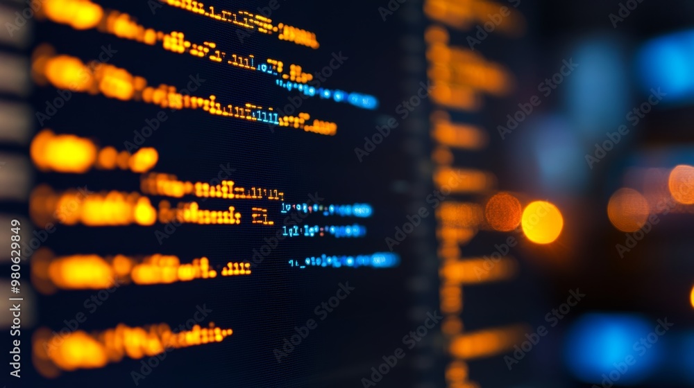 Poster software development code in orange and blue on dark monitor display, cybersecurity concept