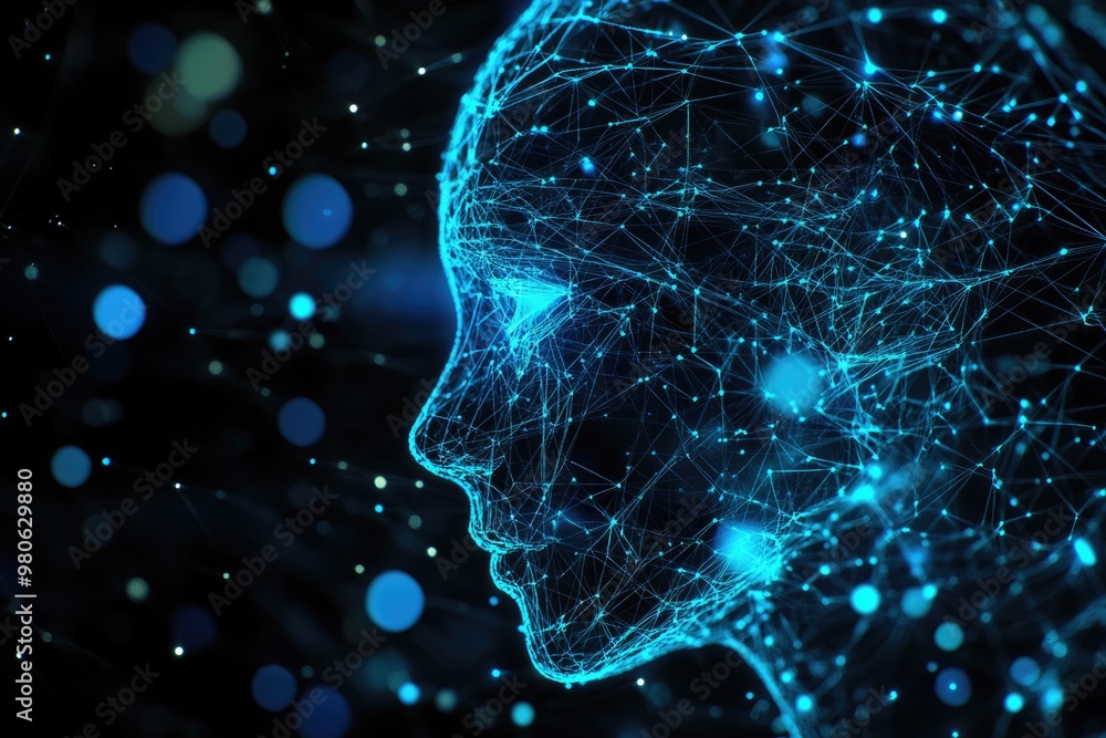 Poster wireframe face of artificial intelligence in cyberspace. technology interactive background.