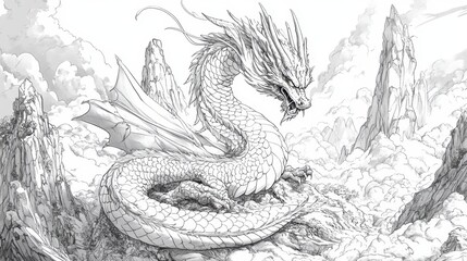 Obraz premium 19. A black and white line art illustration of a dragon curled around a mountain, its scales and wings intricately detailed, creating a sense of power and movement