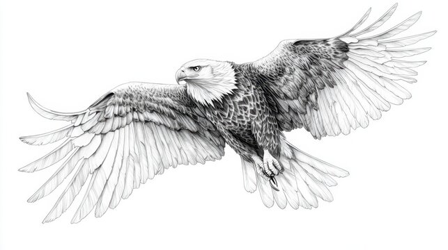30. A detailed black and white line art of an eagle in mid-flight, its wings spread wide, and its feathers drawn with fine lines, creating a powerful sense of motion