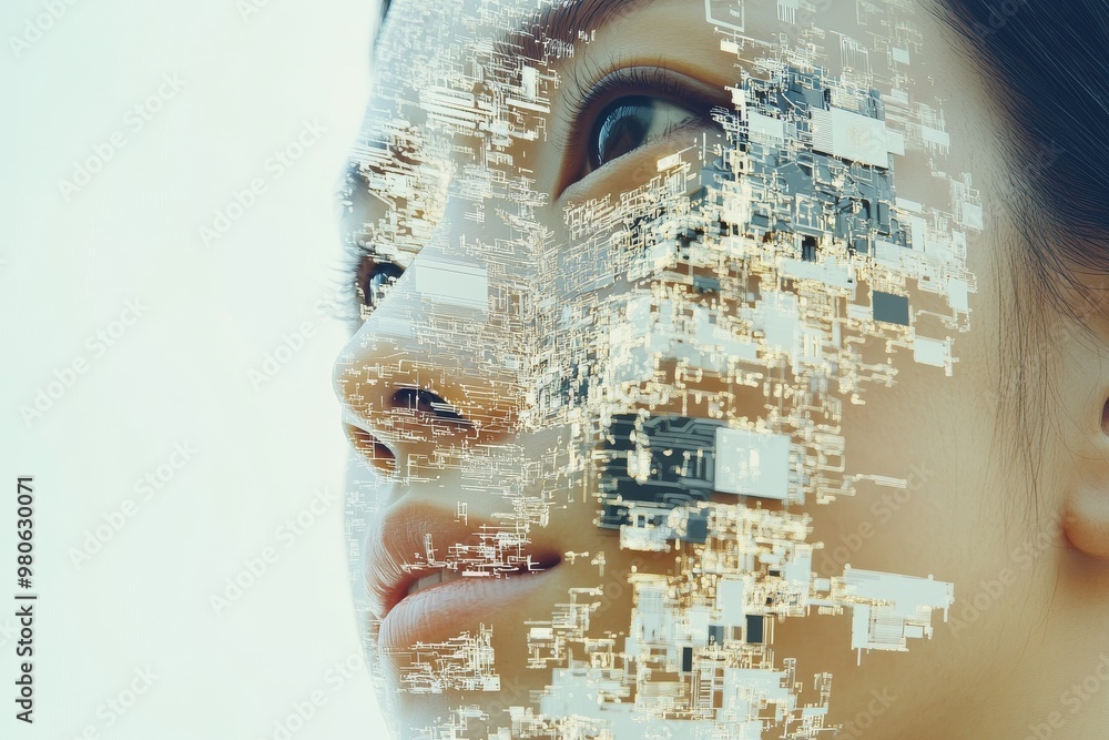 Poster portrait of a woman with fragmented facial features and digital elements symbolizing the interplay b