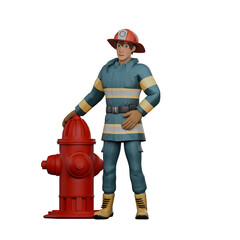 Professional Firefighter Character in 3D. A firefighter stands next to a red hydrant with his right hand holding the red hydrant while his left hand is on his stomach. Male