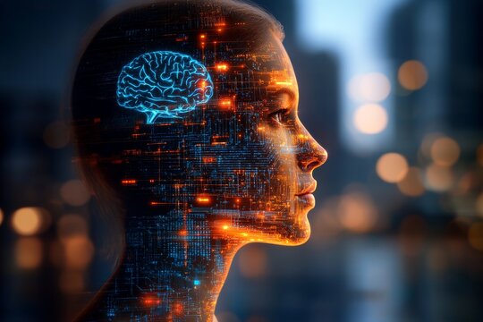 Profile of a woman with glowing neural circuits in her brain symbolizing enhanced cognitive abilities and neural augmentation in a futuristic tech driven environment