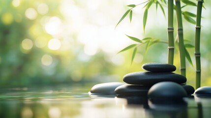 Obraz premium Peaceful bamboo and smooth stones resting in tranquil water, surrounded by lush greenery during a serene sunny afternoon.