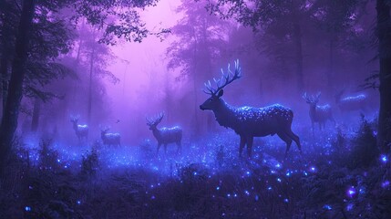 Enchanted Forest with Glowing Deer at Dusk