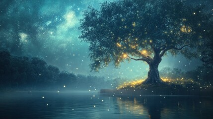 Enchanted Tree Reflections: A Mystical Night Scene