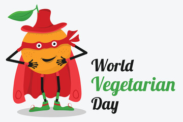 Happy orange hero character. Fruit orange mascot citrus. Vegetarian day poster or banner