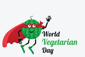 Happy watermelon hero character. Fruit watermelon mascot. Vegetarian day poster or banner