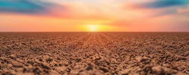 Obraz premium A vast, dry landscape showcases arid soil under a vibrant sunset, highlighting the beauty of nature's resilience and challenges.