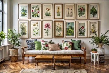 A cozy living room features a curated gallery wall of vintage framed botanical prints above a distressed wooden bench with floral patterned seat cushions.