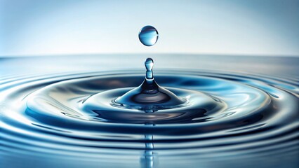 Delicate water droplet suspended in mid-air, about to merge with rippling water surface, against a pure white background, showcasing natural beauty and serenity.