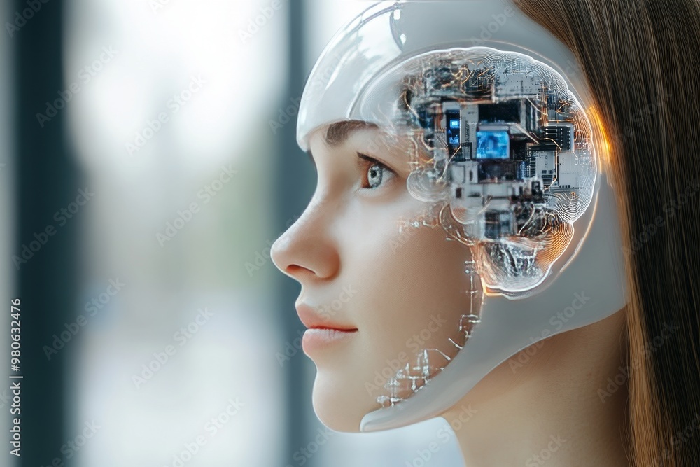 Poster profile of a woman with a translucent head and visible circuitry symbolizing the fusion of human int