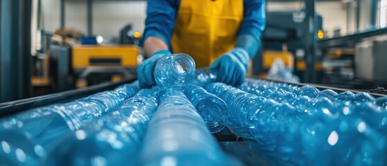 Efficient worker organizing recyclable plastic bottles industrial setting advanced sorting machinery sustainable facility eco-conscious approach detailed plastic textures vibrant environment waste