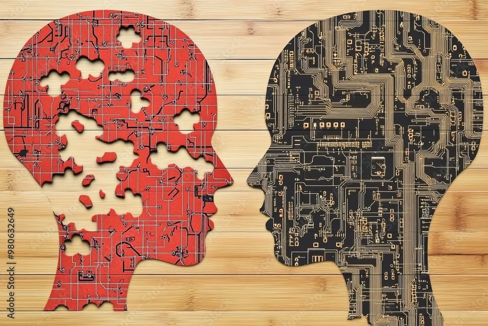 Poster two human profiles made of red and beige circuits symbolizing the contrast between creativity and lo