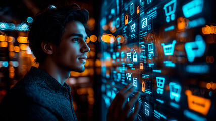 Young Man Interacting with Digital Shopping Interface