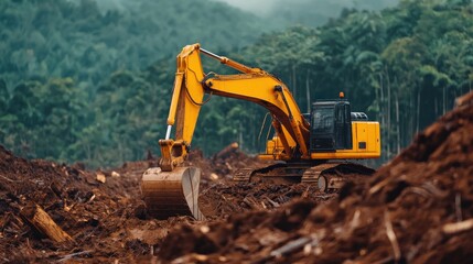 Fototapeta premium A yellow excavator working on a construction site surrounded by lush green mountains and piles of soil.