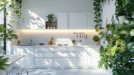Monochromatic white kitchen interior with white walls