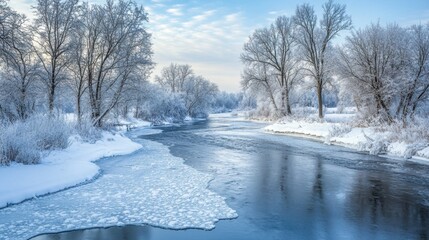 A river flowing through a snowy landscape, with frost-covered trees and ice forming along the edges of the water.