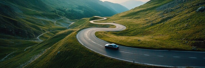 Aerial view of car and winding road in high mountain pass. Serpentine curvy road