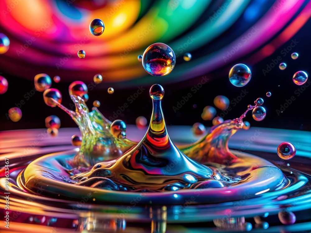 Poster vibrant colorful splash of liquid droplets falling in slow motion, creating a mesmerizing abstract p