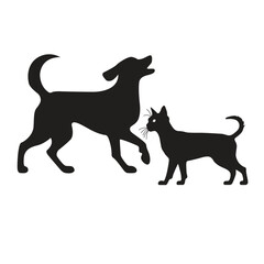 This is a simple black and white illustration of a cat & dog silhouette.