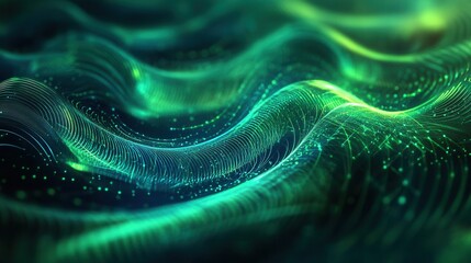 Abstract Green Waves with Light Particles for Digital Background