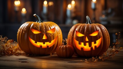 Fototapeta premium Carved pumpkins with glowing faces on a rustic table against a cozy candle-lit background