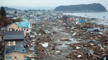 A coastal town devastated by a tsunami, with debris and destruction stretching for miles