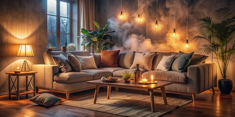 Cozy living room with dim lighting, filled with haze, empty couch with scattered pillows, and a few joints on a coffee table in a relaxed atmosphere.
