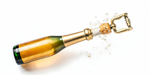 Flat Floating Champagne Bottle Opener Illustration: Modern Design Symbolizing New Year 2025 Anticipation Against White Background