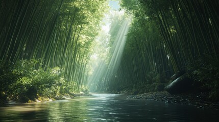 Fototapeta premium A serene river winding through a dense bamboo forest, with shafts of light streaming through the tall green stalks.