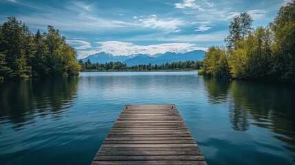 Obraz premium A serene river with a wooden dock extending out over the water, with trees and mountains in the distance.