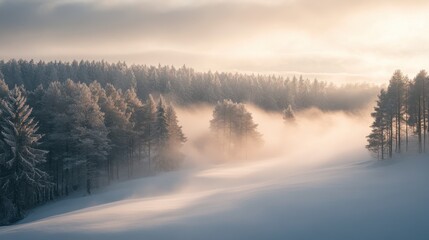 A serene winter landscape with snow-covered trees and low clouds hanging over the horizon, creating a peaceful atmosphere.